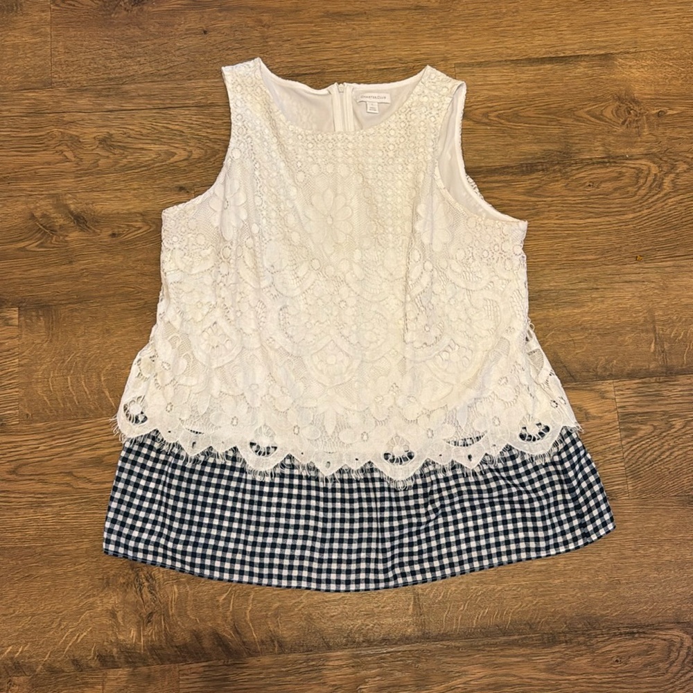 White lace with blue gingham sleeveless top